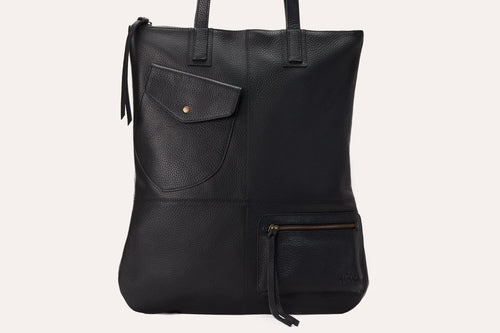 Black Fold Tote Bag made from Premium Cowhide Leather with Large Interior and Exterior Pockets