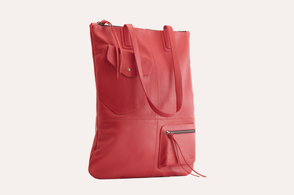 Red Fold Tote Bag made from Premium Cowhide Leather with Large Interior and Exterior Pockets